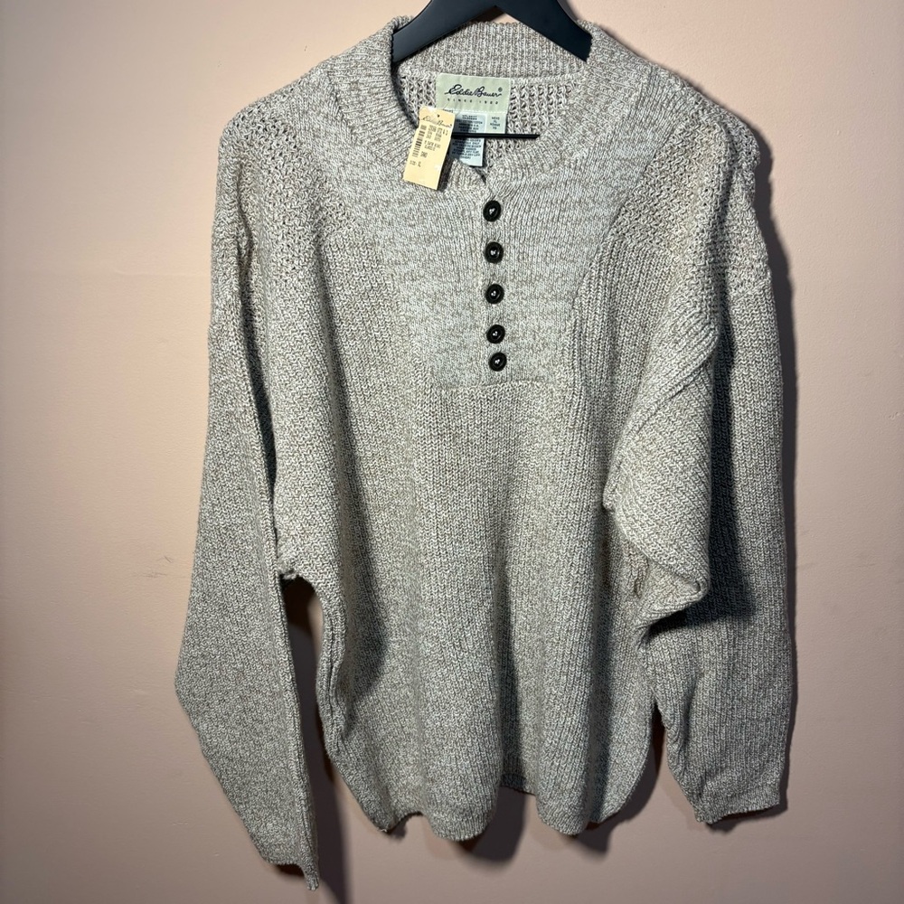 Vintage Eddie Bauer Men’s XL Henley Sweater Sand Cotton Knit USA NWT Made in USA